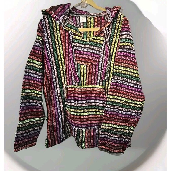 Artesanias Unisex Hoodie Large Bright Colorful Stripes Boho Hippie Aztec Neon - Picture 2 of 11